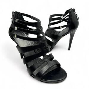 Stuart Weitzman Outing Black Leather Strappy Cage Studded Stiletto Heel Sandal